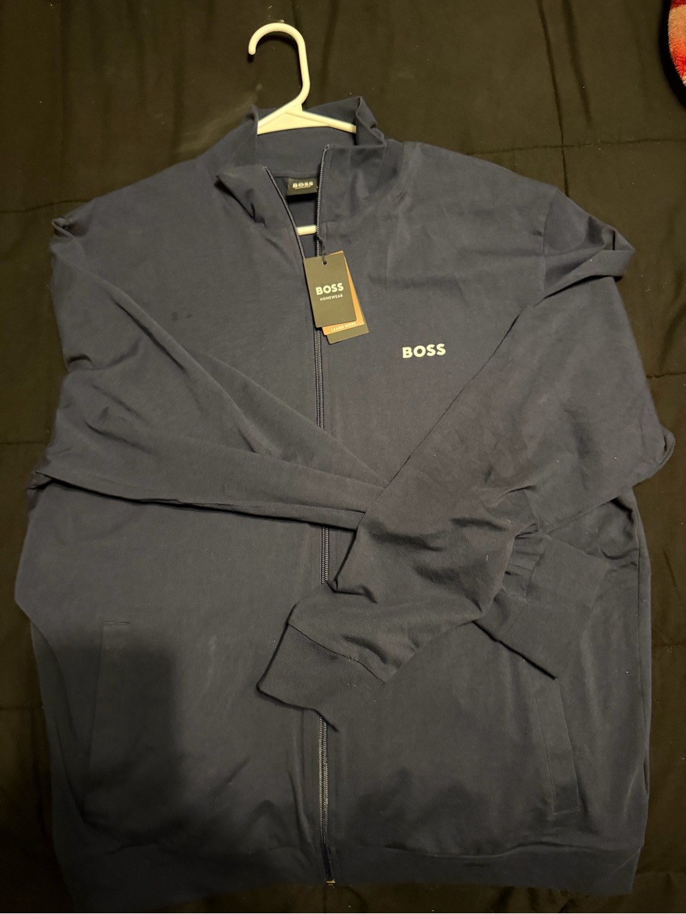 BOSS Men's Dark Navy Full-Zip Logo Sweater
